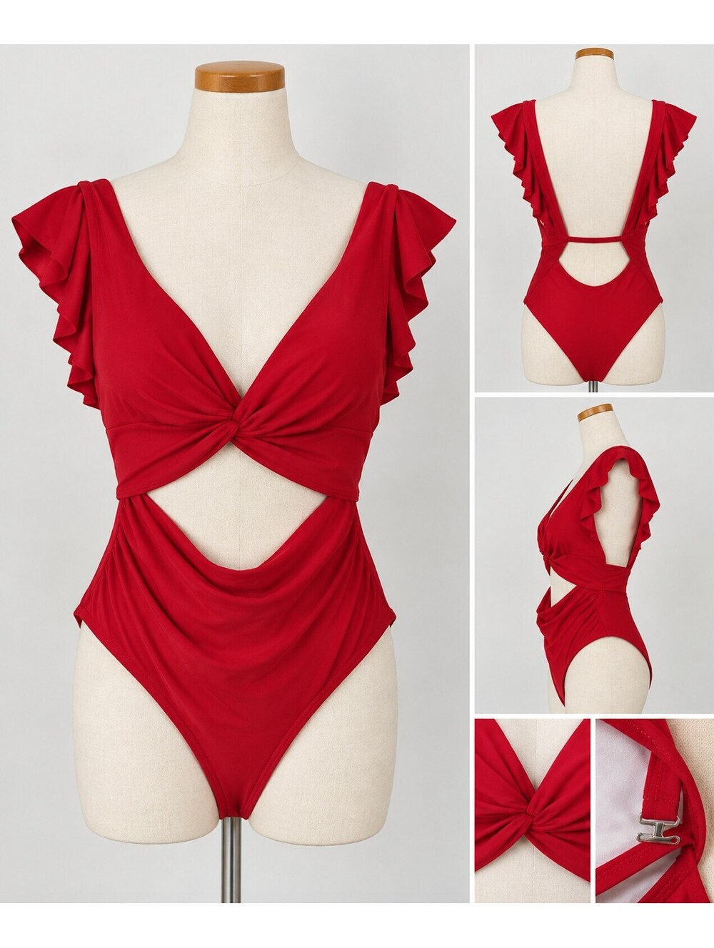 Red One-Piece Swimsuit with Ruffle Sleeves and Cutout Detail